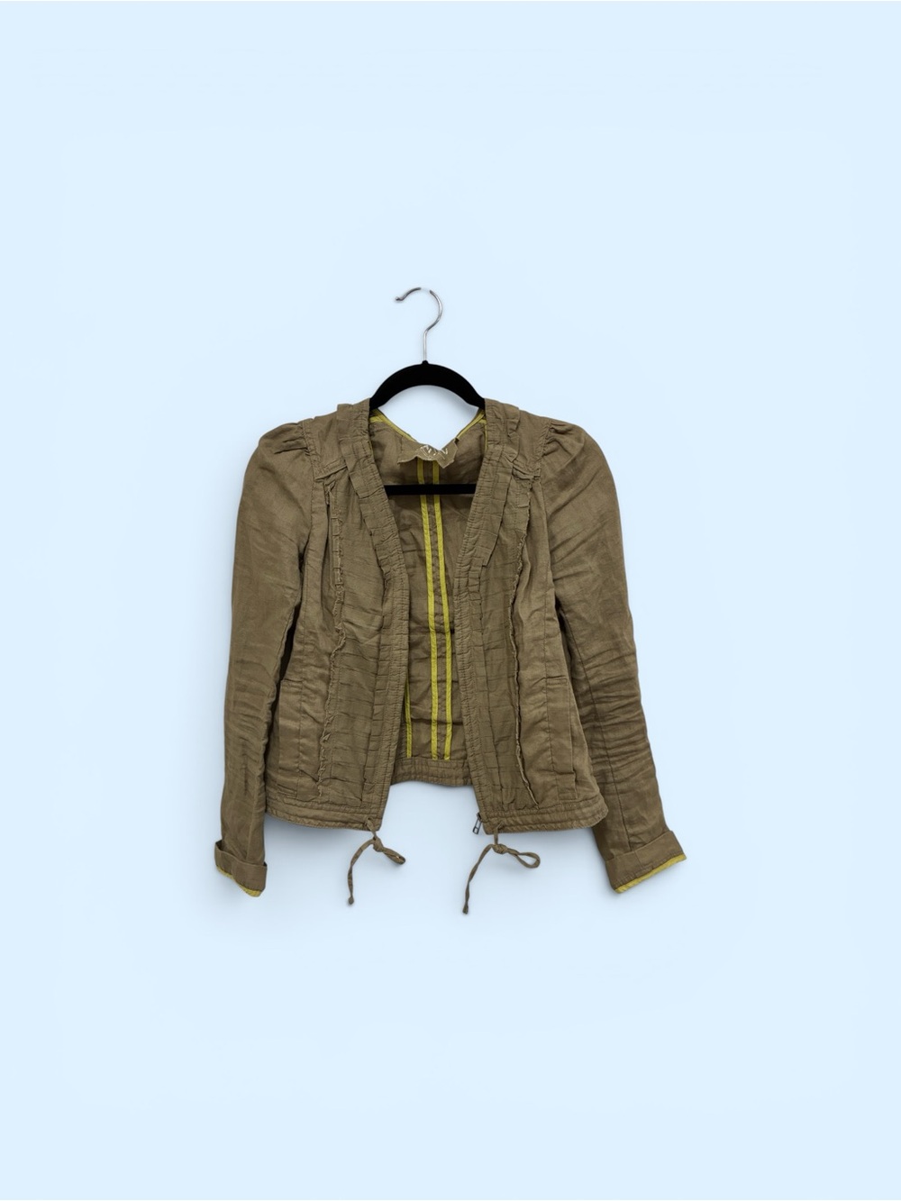 Taupe Ruffle-Detail Bomber Jacket with Yellow Trim